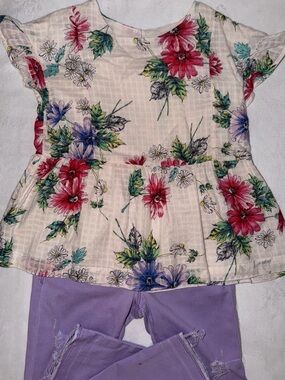 GAP Kids Floral Peplum Top Cream w/ Red & Purple. Purple pleated denim GAP jeans